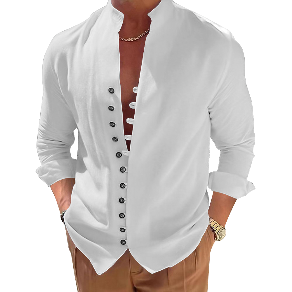 男竹节麻门襟扣袢立领长袖衬衫XZ100492 - 竹节麻-120g/S